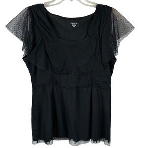 Black baby doll Swiss dot lace overlay flutter sleeve top women’s size M